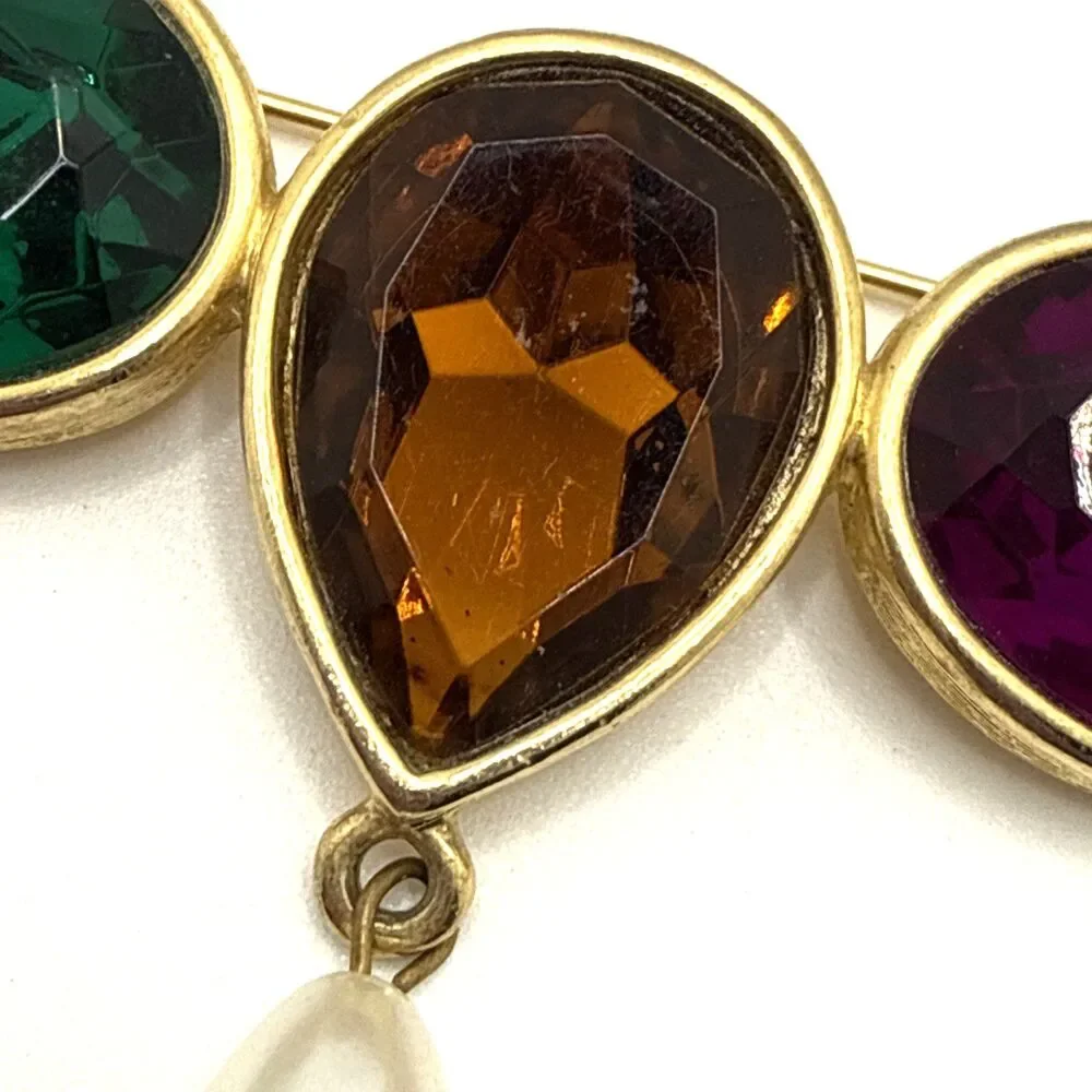 Vintage Rhinestone Gold Tone Bar Brooch Art Deco Chunky Green Amber Purple 3